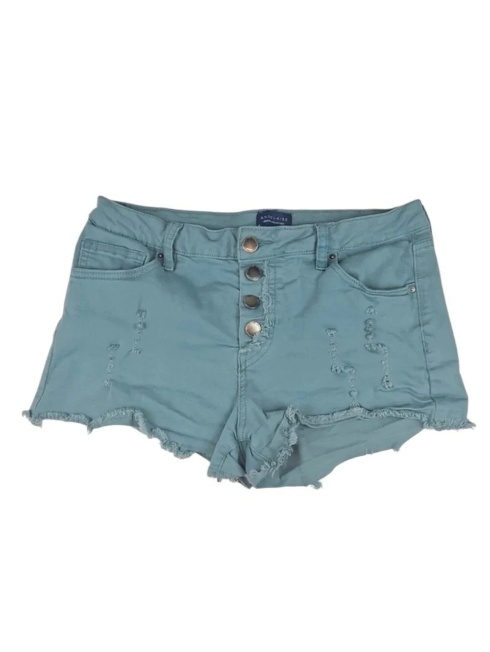 Distressed Cutoff Jean Shorts Button Closure Punk Casual Grunge Teal Juniors 7
